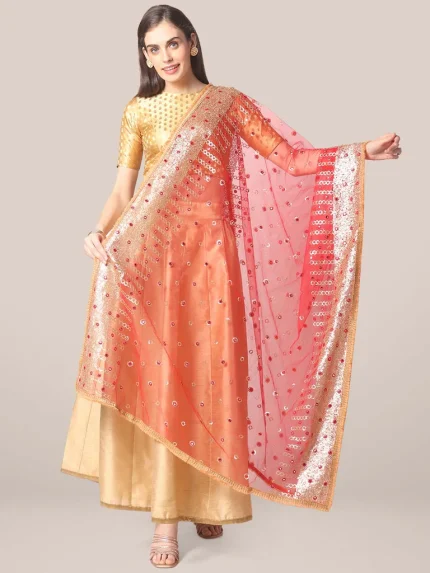 Red Net Dupatta with Sequins & Mirror Work