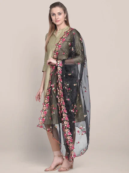 Organza Dupatta with Multicolor Floral Embroidery