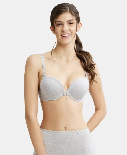 Steel Grey Mélange Padded Wired Super Combed Cotton Elastane Stretch Medium Coverage Pushup Bra with Plunge Neck