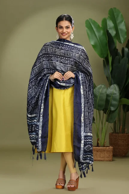 Navy Blue Chiffon Handblock Printed Dupatta