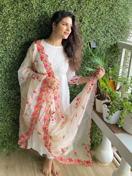 Organza Dupatta with Multicolor Floral Embroidery