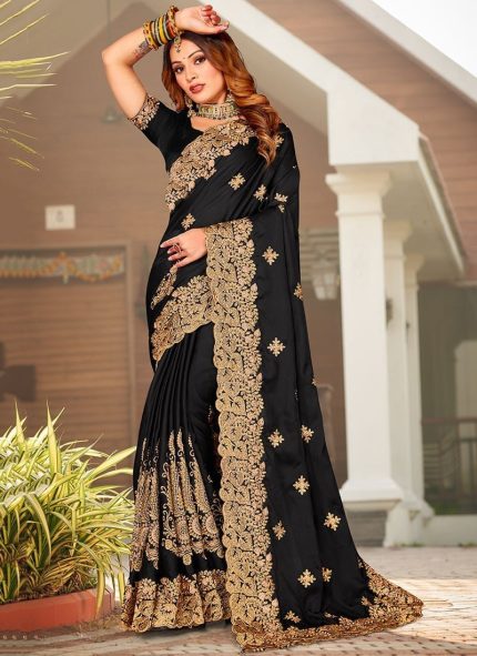 Black Satin Blend Embroidered Saree Party Wear