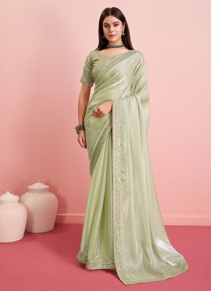 Green Organza Embroidered Sequins Border Saree For Women Party Wear