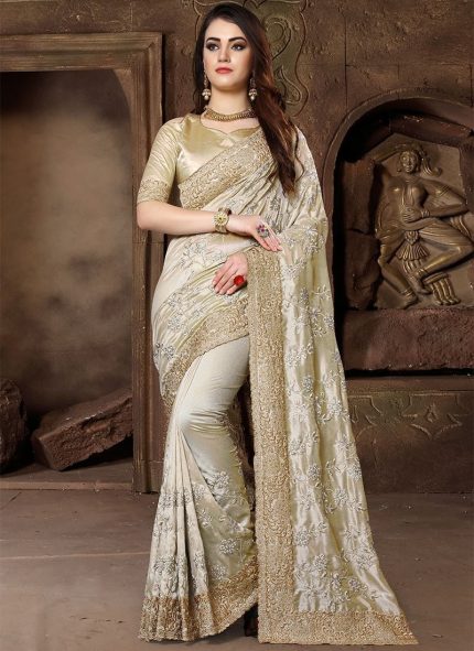 Light Beige Embroidered Saree Party Wear
