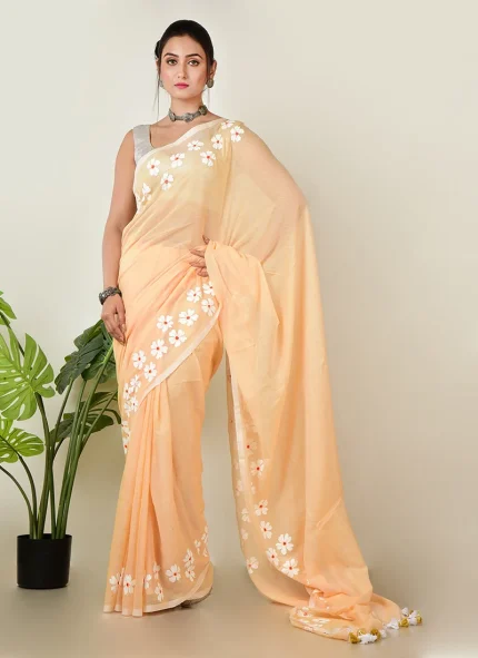 Peach Cotton Hand Painted Saree After Six Wear