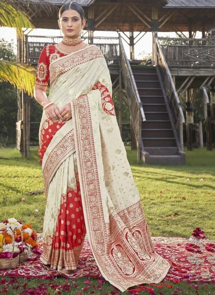 Ivory Opulence Off White Benarasi Silk Jacquard Zari Saree Festive Wear