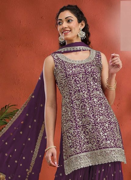 Purple Georgette Embroidered Sequin Palazzo Set Festive Wear